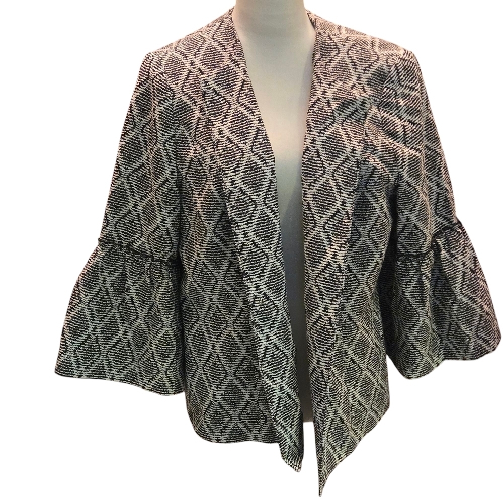 Kasper Black White Gray Diamond Print Bell Sleeve Open Front Cardigan Women 14 - Picture 5 of 16